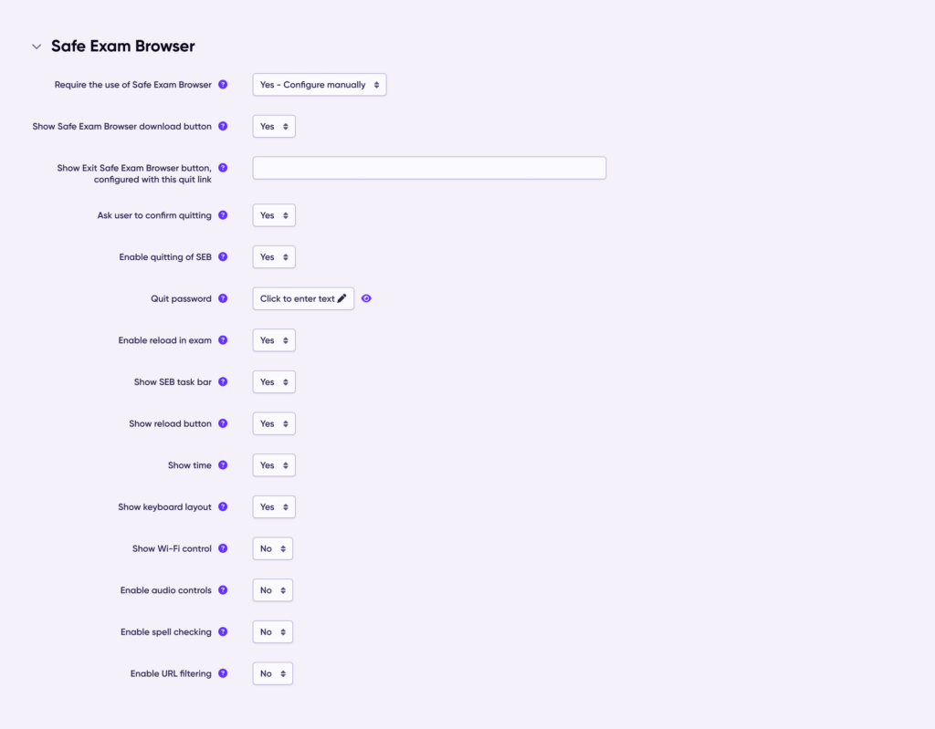 Screenshot of our Safe Exam Browser settings