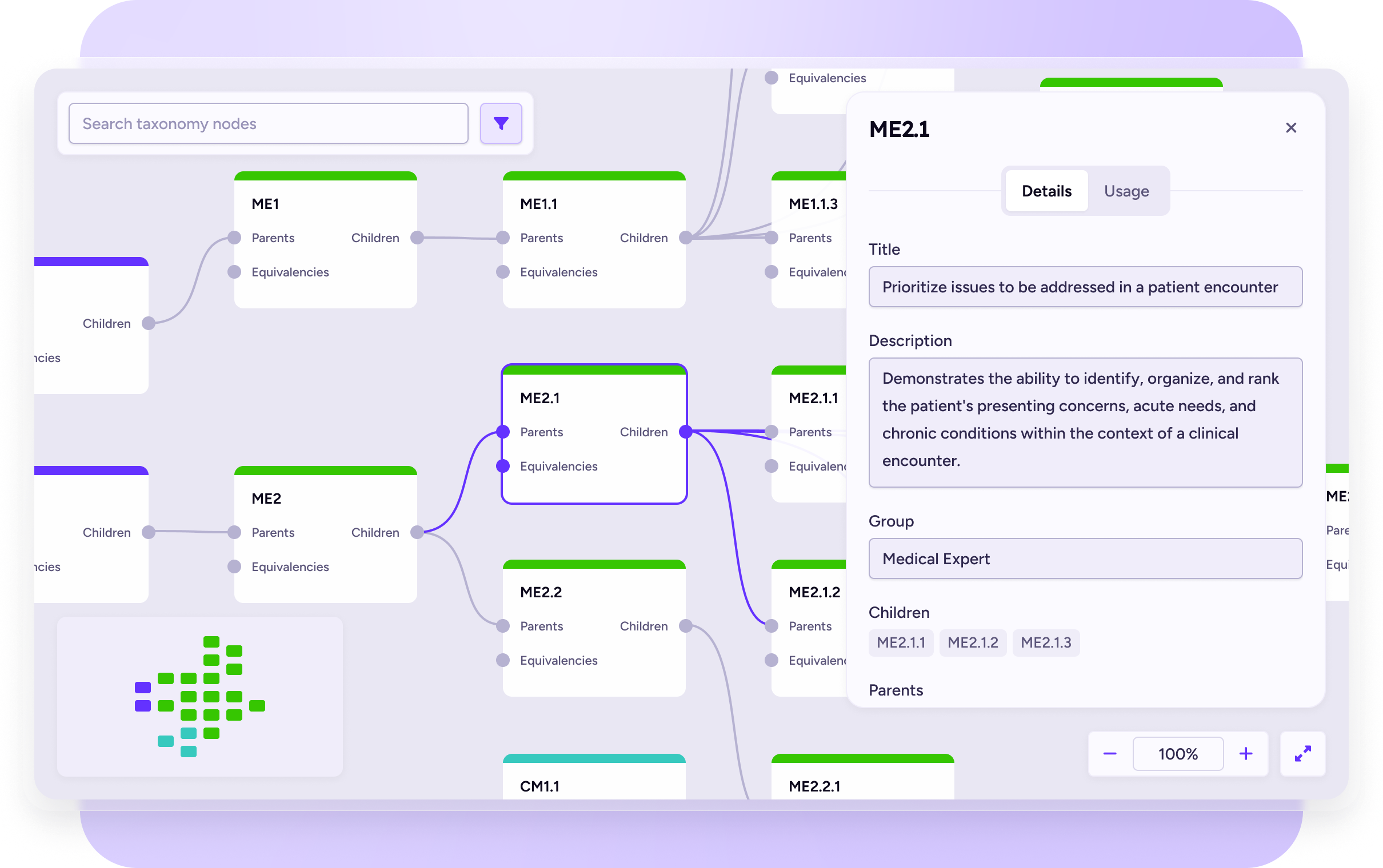 Taxonomy management user interface for VidaNovaVLE™ showing a canvas of taxonomy nodes linked together by lines.