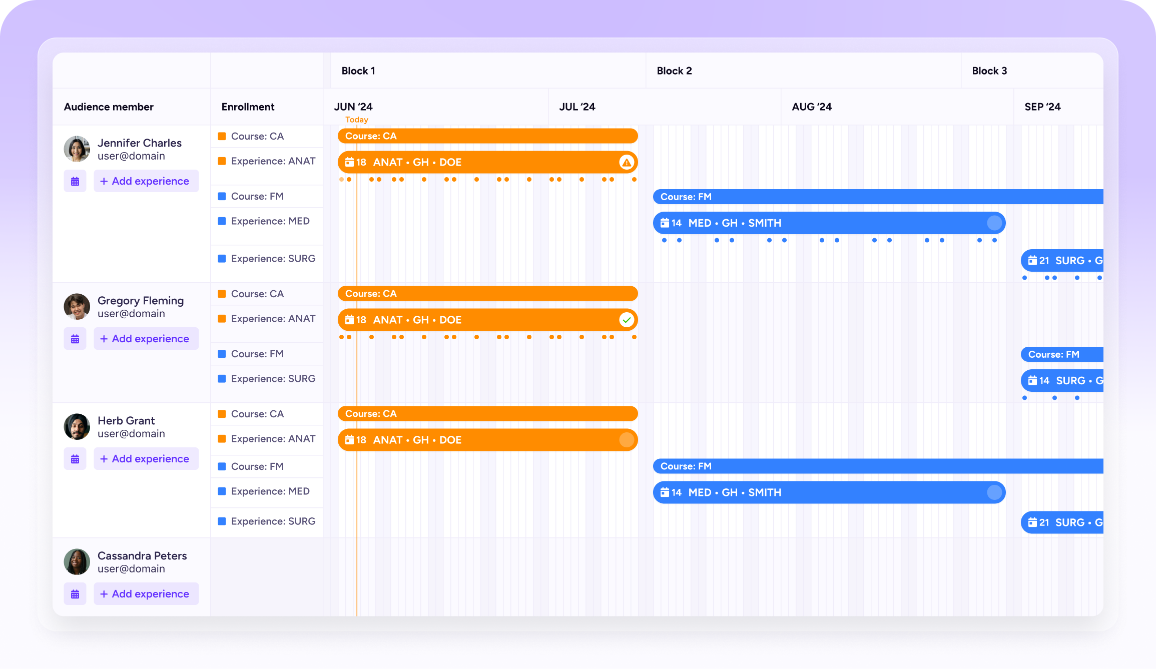 User interface from VidaNovaVLE™ that shows an example of a practicum schedule.