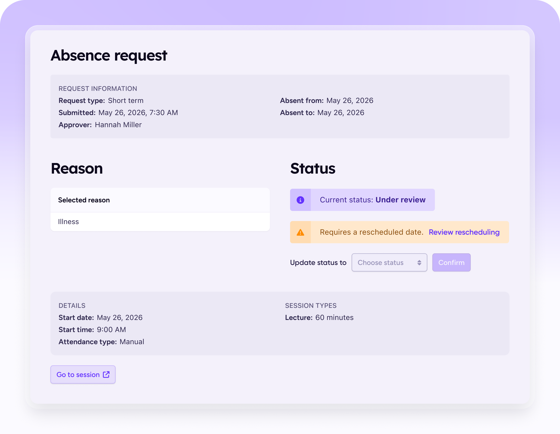 Screenshot of an absence request in VidaNovaVLE®