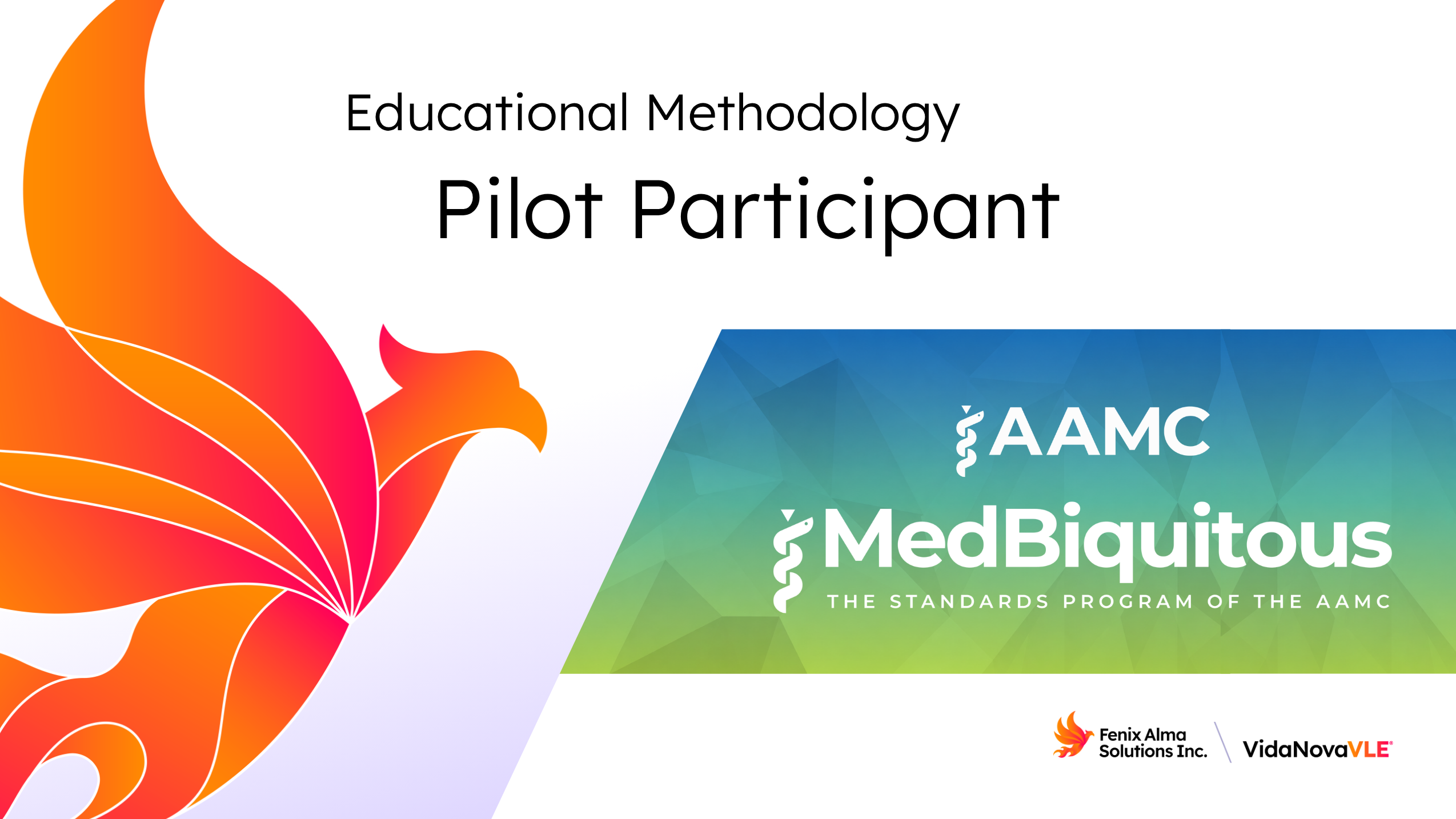 Graphic announcing Fenix Alma Solutions and VidaNovaVLE® as participants in the AAMC MedBiquitous Educational Methodology pilot.